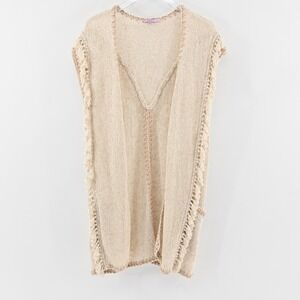 CALYPSO‎ St Barth Cardigan Sweater Womens Size 0 Beige Knit Fringe Boho Festival
